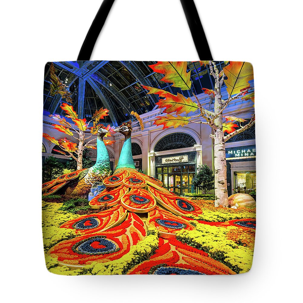Bellagio Conservatory Tote Bag featuring the photograph Bellagio Conservatory Fall Peacock Display Side View by Aloha Art