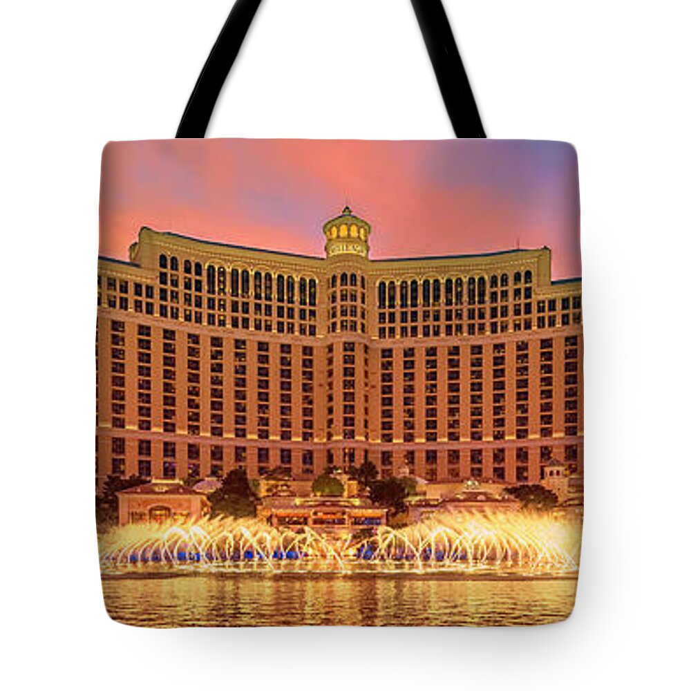 Bellagio Tote Bag featuring the photograph Bellagio Fountains Warm Sunset 3 to 1 Ratio by Aloha Art