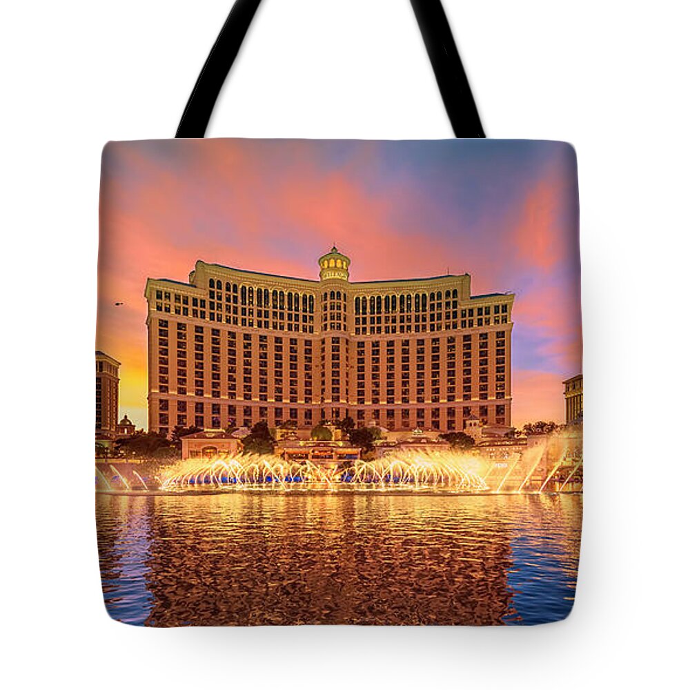 Bellagio Tote Bag featuring the photograph Bellagio Fountains Warm Sunset 2 to 1 Ratio by Aloha Art