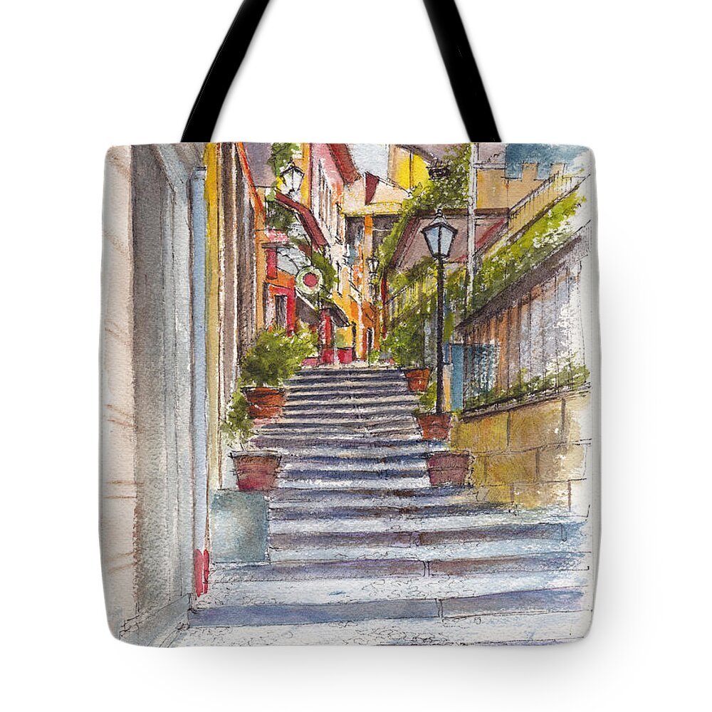 Streetscape Tote Bag featuring the painting Bellagio Street Aquarelle by Dai Wynn