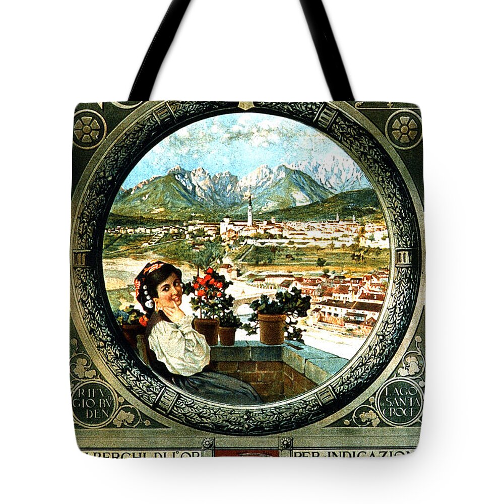 Vintage Tote Bag featuring the mixed media Belluno, Italy - Dolomites - Vintage Italian Travel Poster by Studio Grafiikka