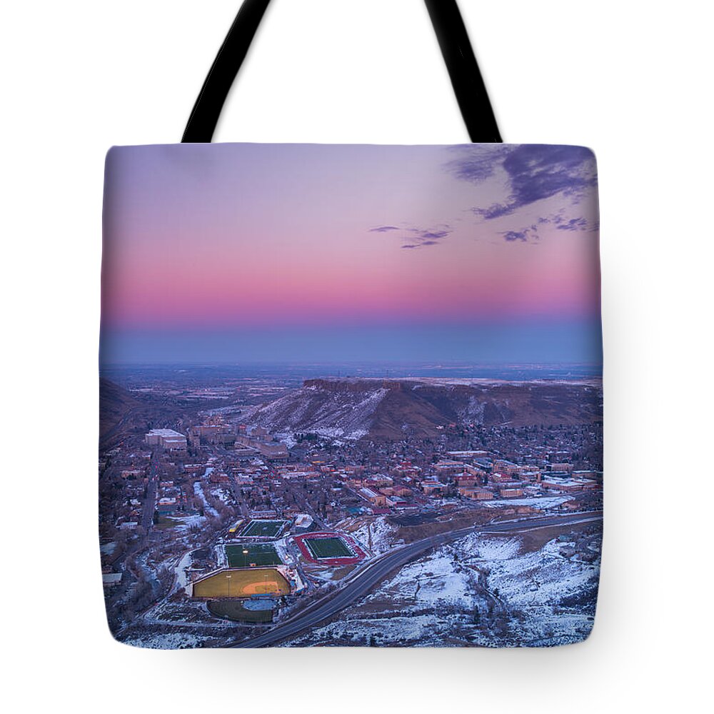 Sky Tote Bag featuring the photograph Belt of Venus over Golden Colorado by Darren White