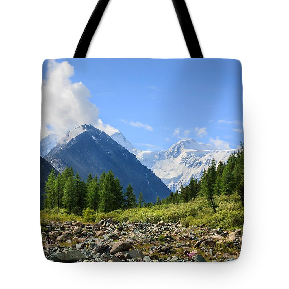 Russian Artists New Wave Tote Bag featuring the photograph Belukha Sacred Mountain of White Waters by Victor Kovchin