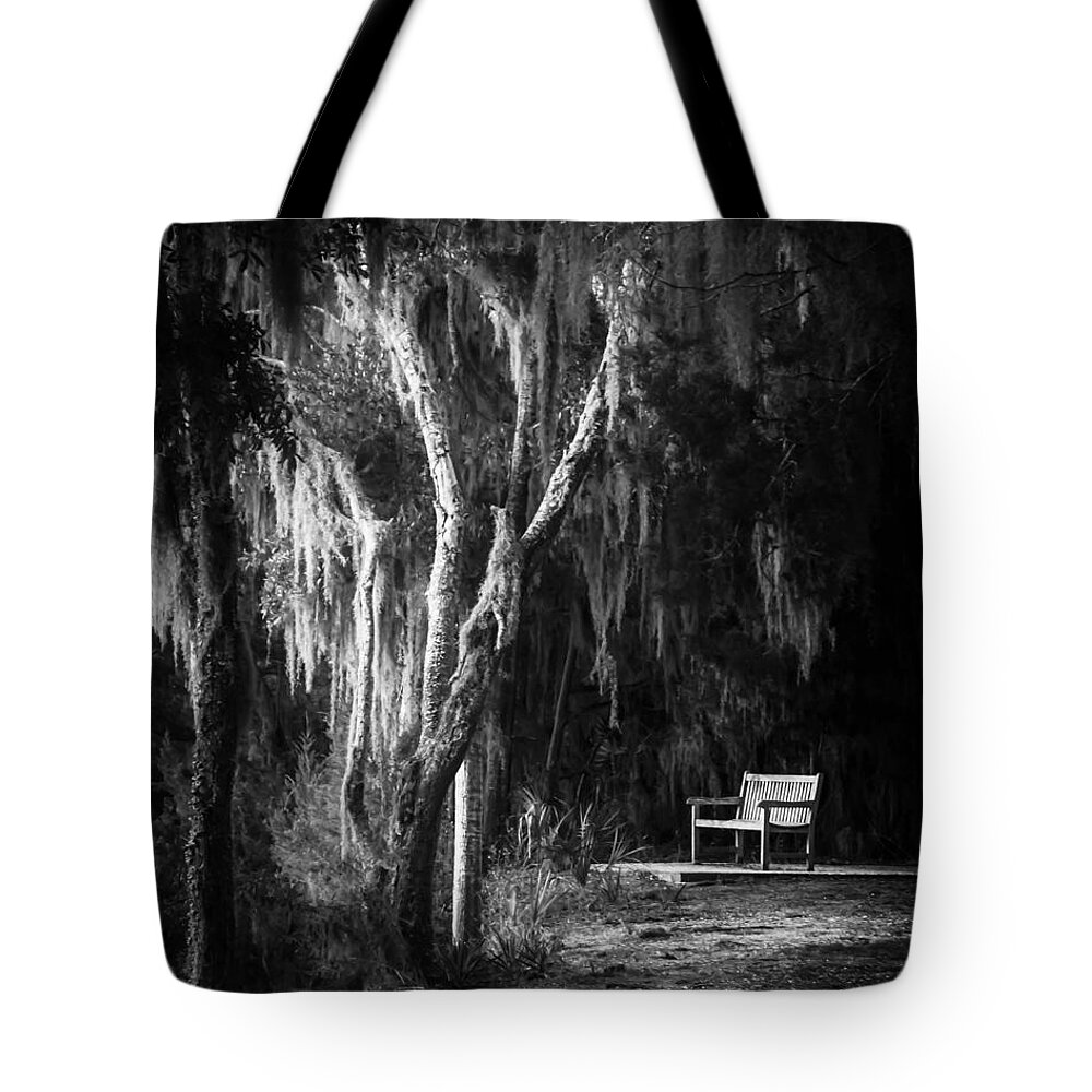 Bench Tote Bag featuring the photograph Bench At Sunset in Black and White by Greg and Chrystal Mimbs