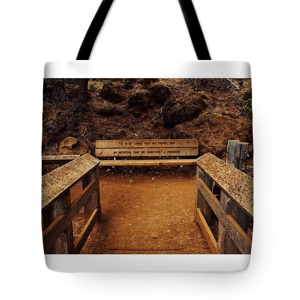 Bridge Tote Bag featuring the photograph #bench #nature #wood #hiking #quote by Darren Williams