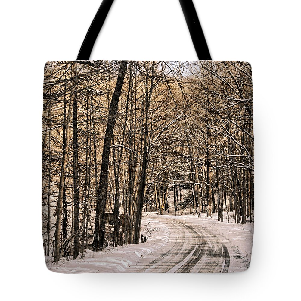 Winter Tote Bag featuring the photograph Bend in the Road by Onedayoneimage Photography