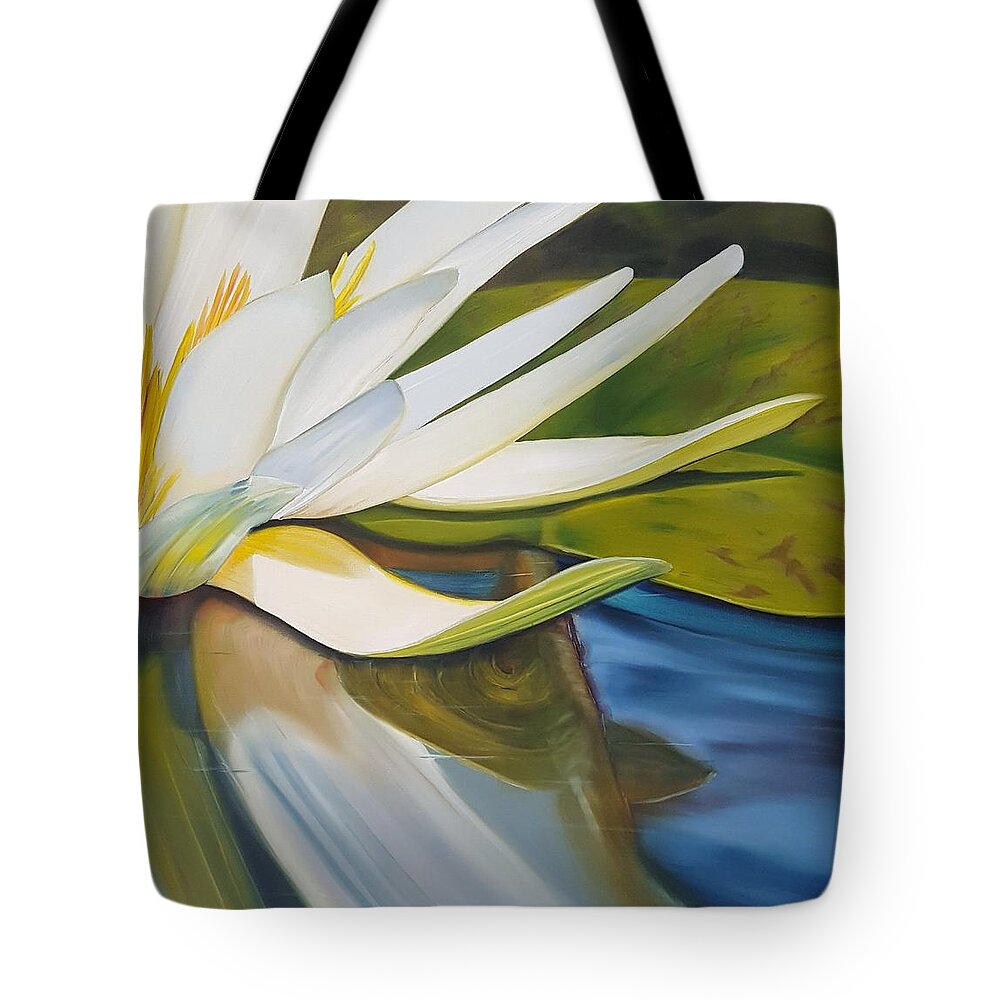 Large Water Lily Tote Bag featuring the painting Beneath The Water Lily by Connie Rish