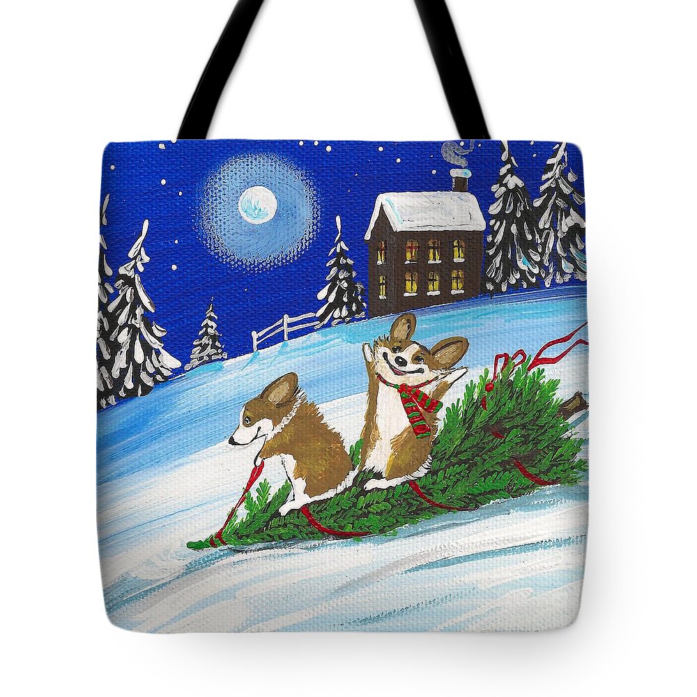 Print Tote Bag featuring the painting Bennie and Bunny Christmas Tree Ride by Margaryta Yermolayeva