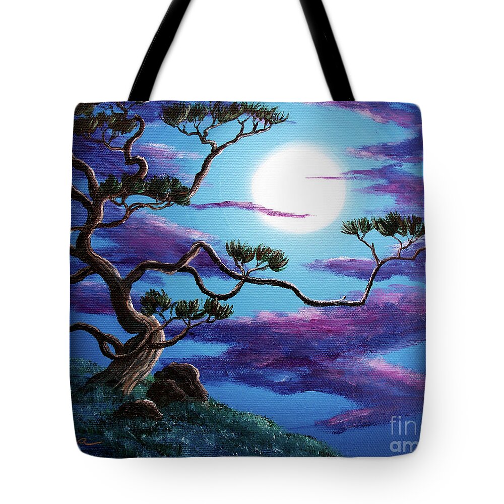 Zenbreeze Tote Bag featuring the painting Bent Pine Tree at Moonrise by Laura Iverson