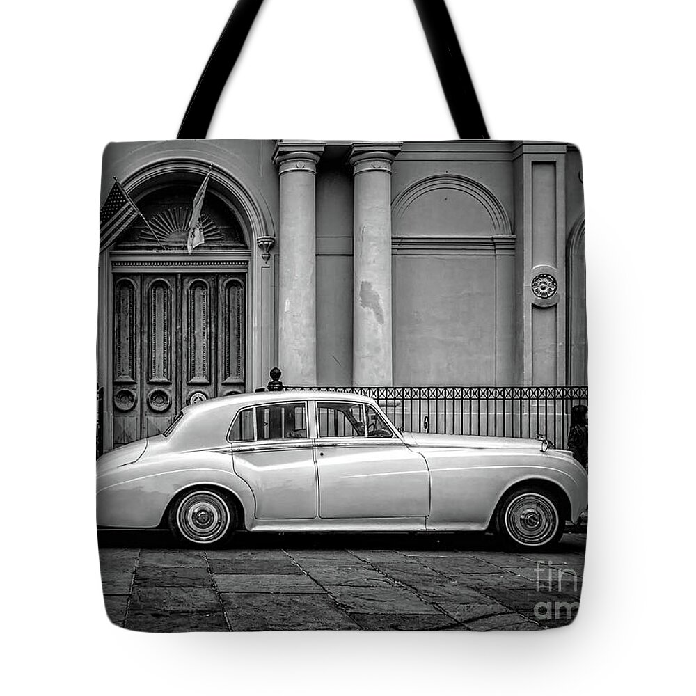 Bentley Tote Bag featuring the photograph Bentley at St. Louis Cathedral in Jackson Square-bw by Kathleen K Parker