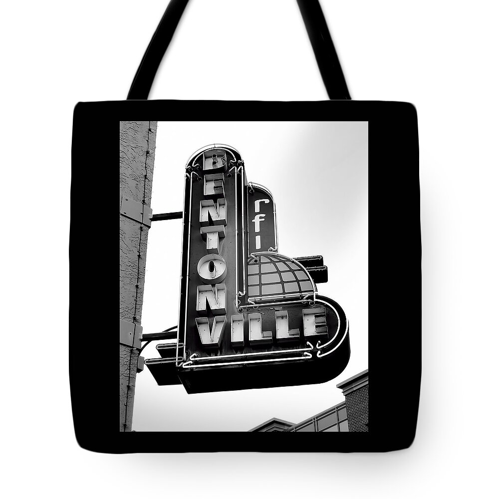 Bentonville Tote Bag featuring the photograph Bentonville Sign Black and White - photography by Ann Powell