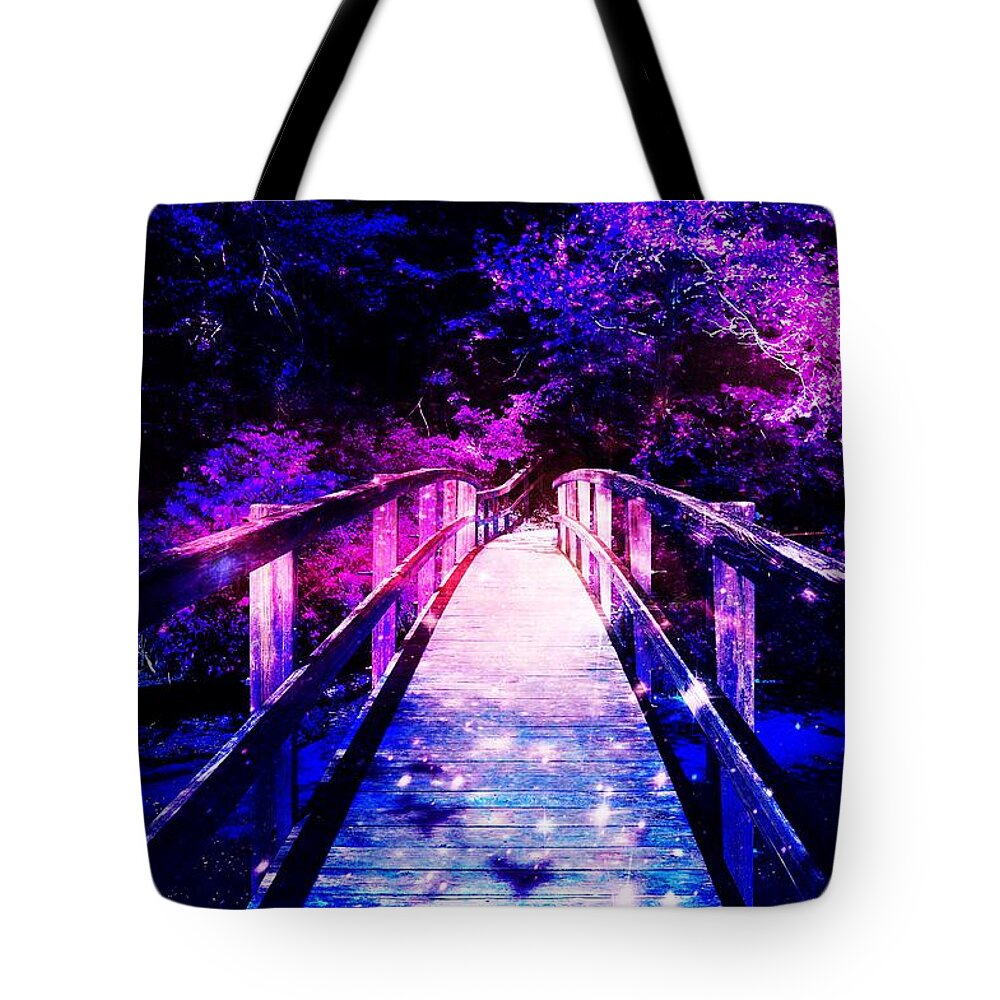 Fantasy Tote Bag featuring the mixed media Beware of the Bridge at Night by Stacie Siemsen