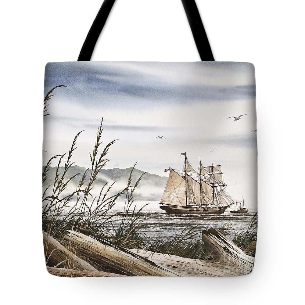 Tall Ship Print Tote Bag featuring the painting Beyond Driftwood Shores by James Williamson