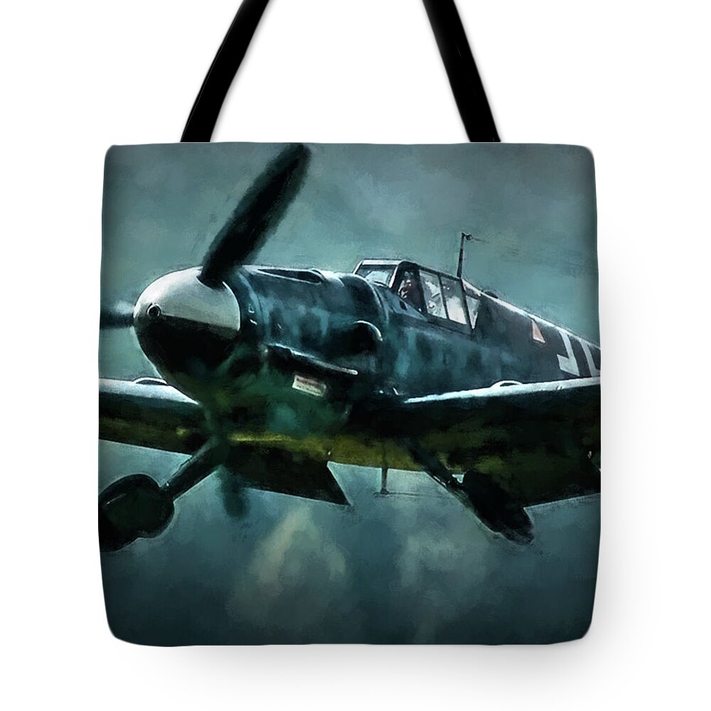 Fighter Tote Bag featuring the digital art Bf-109 Intercept in Oil triptych No 2 by Tommy Anderson