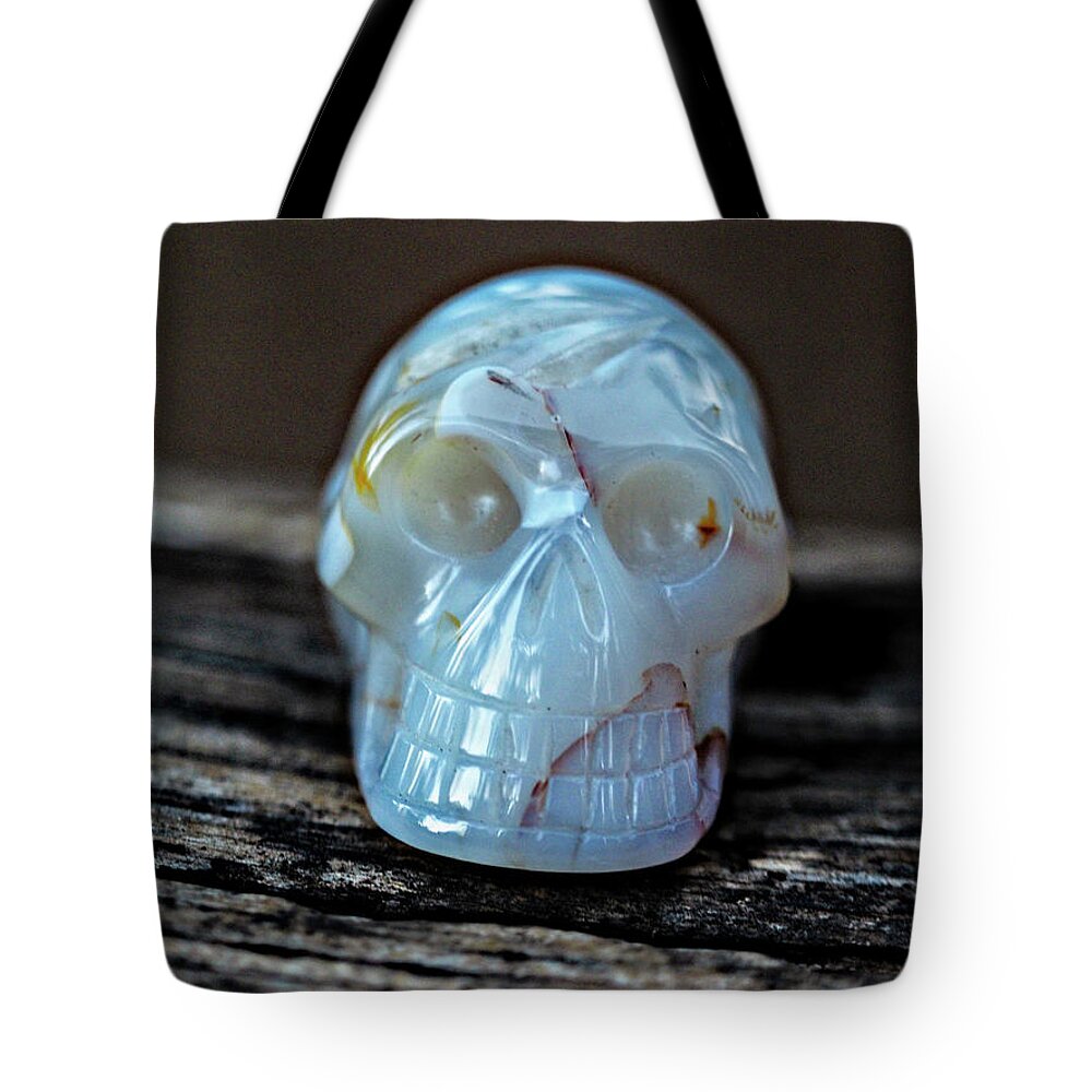 Rebecca Dru Tote Bag featuring the photograph Bianca, The Merlinite Crystal Skull by Rebecca Dru