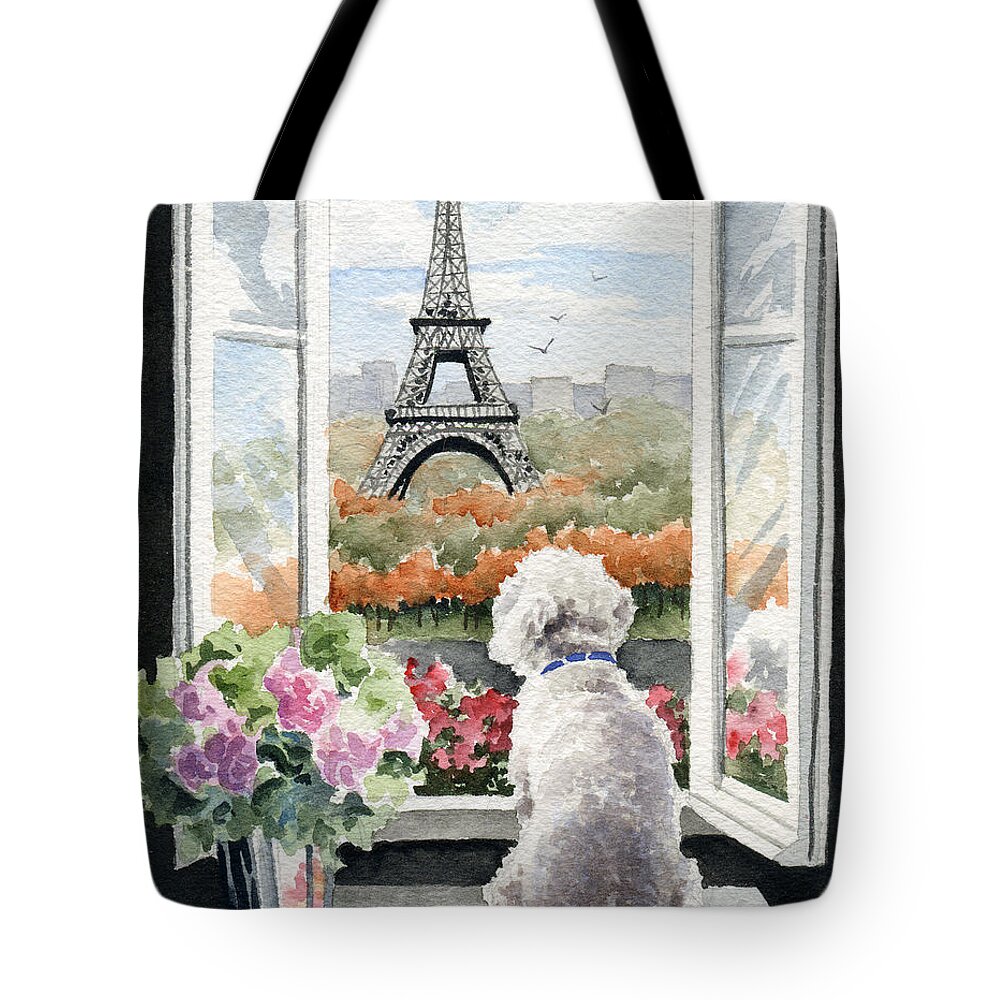 Bichon Tote Bag featuring the painting Bichon Frise In Paris by David Rogers