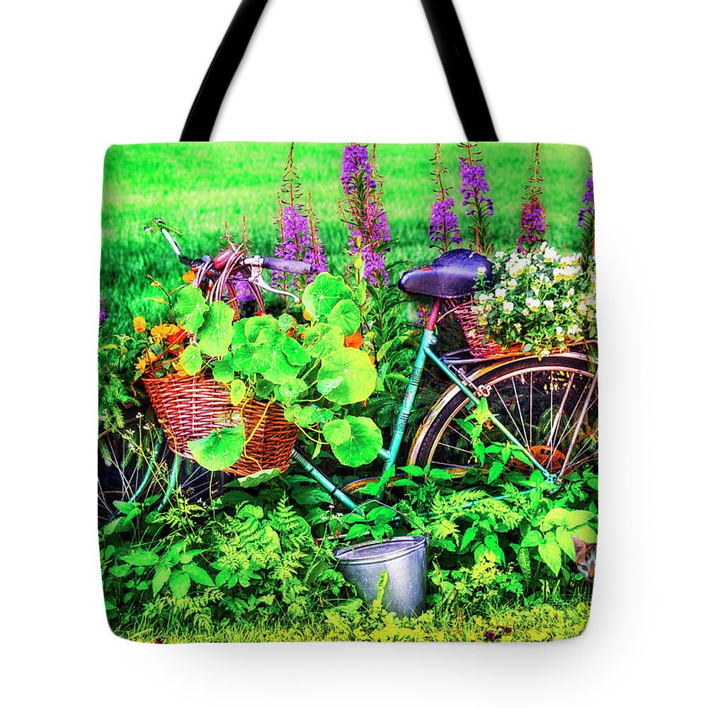 Appalachia Tote Bag featuring the photograph Bicycle in the Flower Garden by Debra and Dave Vanderlaan