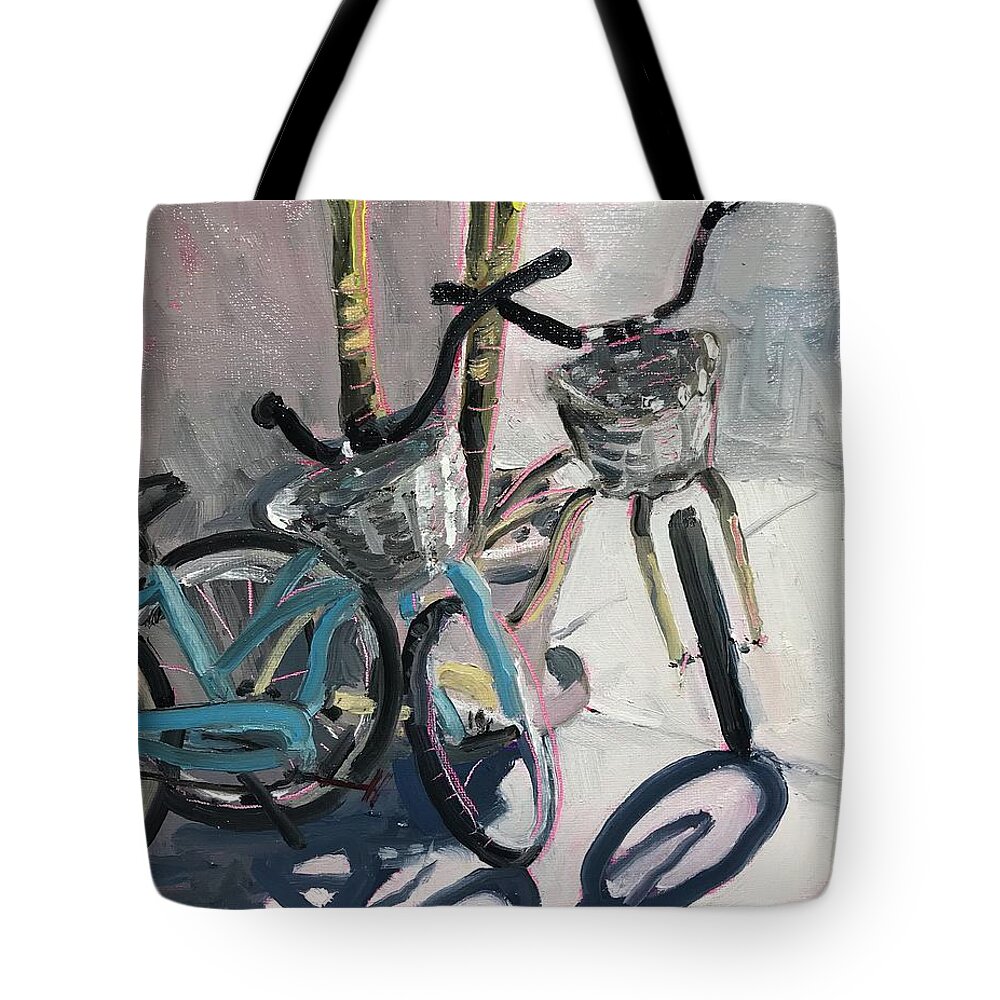 Bikes Tote Bag featuring the painting Bicycle Shadows by Maggii Sarfaty