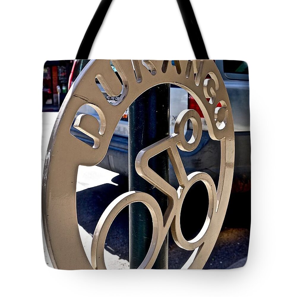 Sign Tote Bag featuring the photograph Bicycle Sign by Elisabeth Derichs
