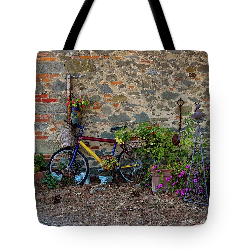 Bicycle Tote Bag featuring the photograph Bicycle, Tuscan Backyard by Aashish Vaidya