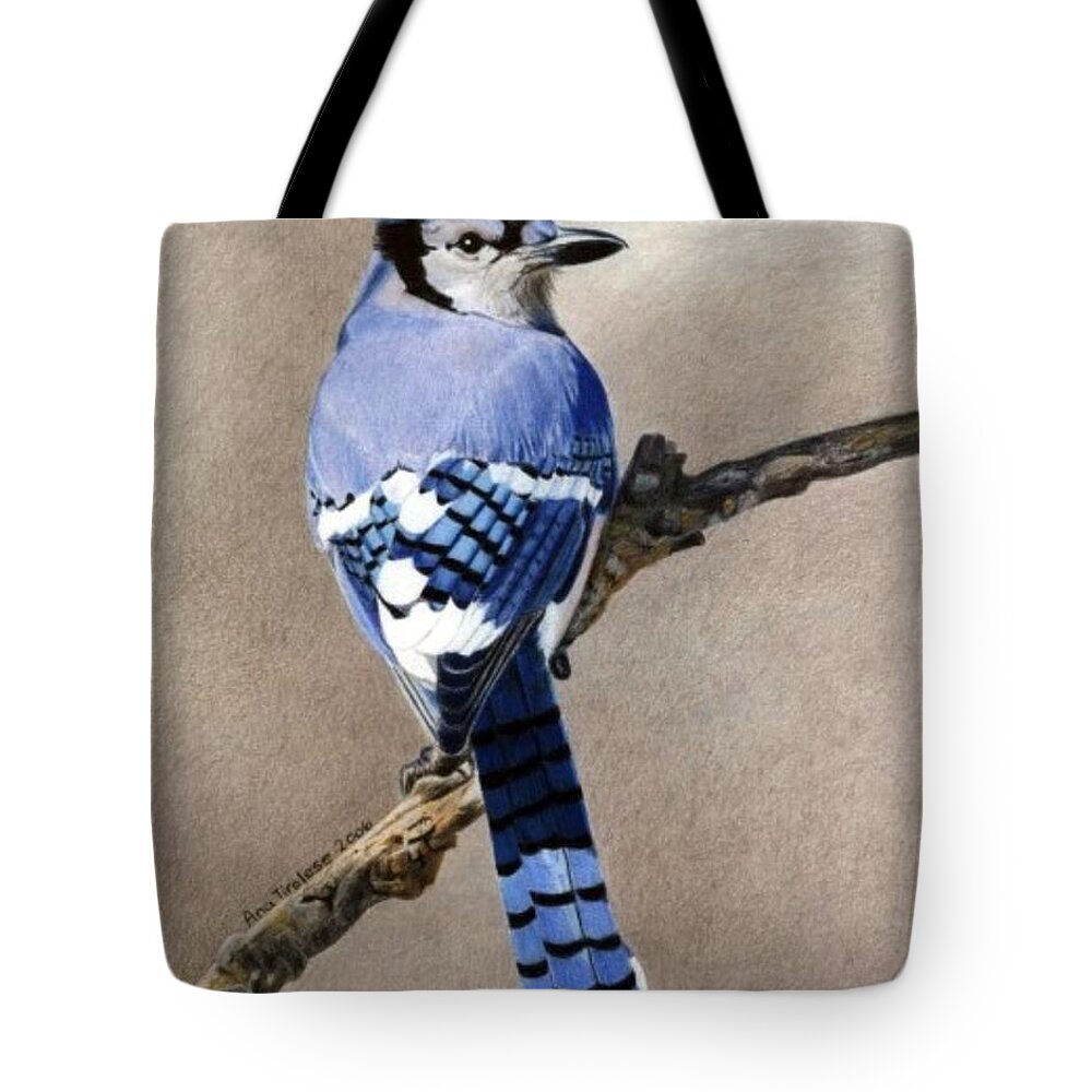 Blue Tote Bag featuring the drawing Big Blue Jay by Ana Tirolese