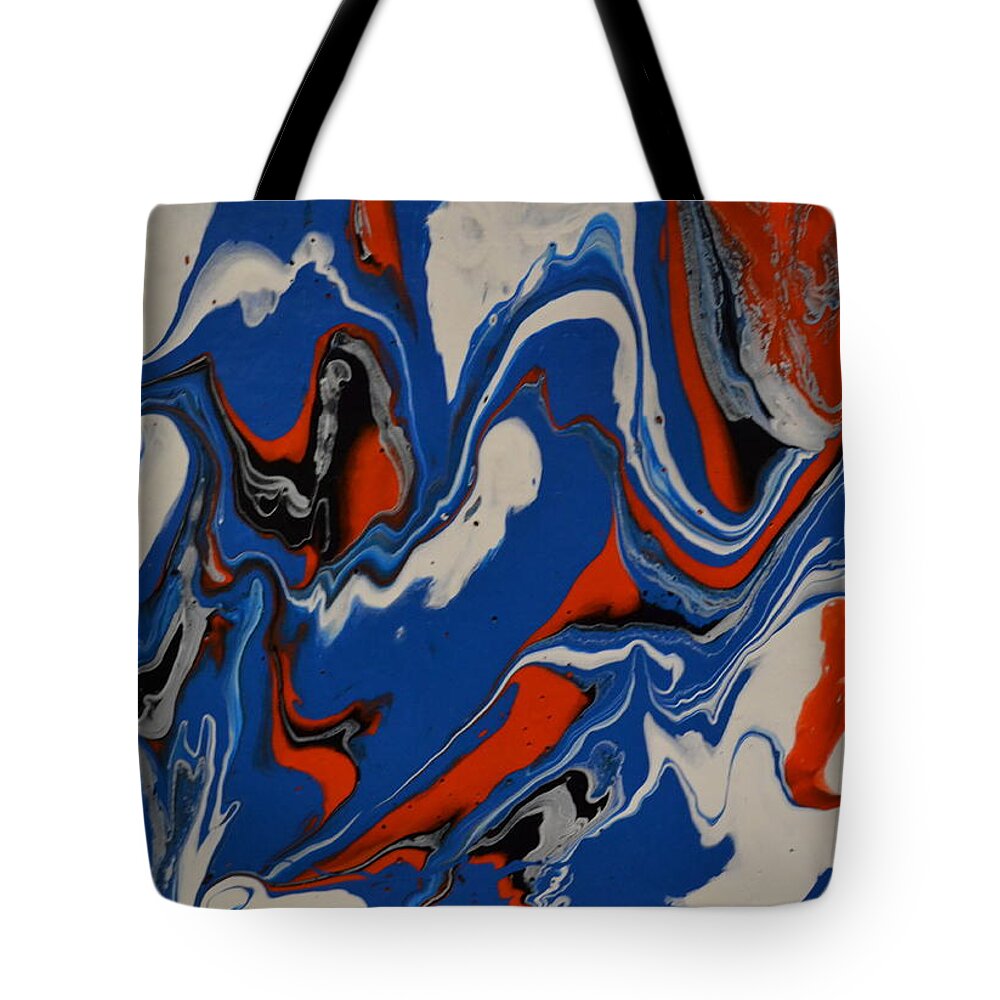 A Abstract Painting Of Large Blue Waves With White Tips. The Waves Are Picking Up Red And Black Sand From The Beach. Some Of The Blue Waves Are Curling Over. Tote Bag featuring the painting Big Blue Waves by Martin Schmidt
