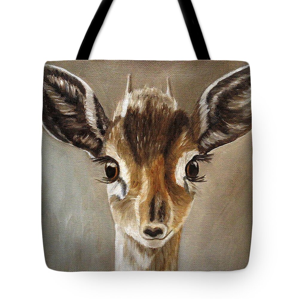 Antelope Tote Bag featuring the painting Big Eyes Dik-Dik by Angeles M Pomata