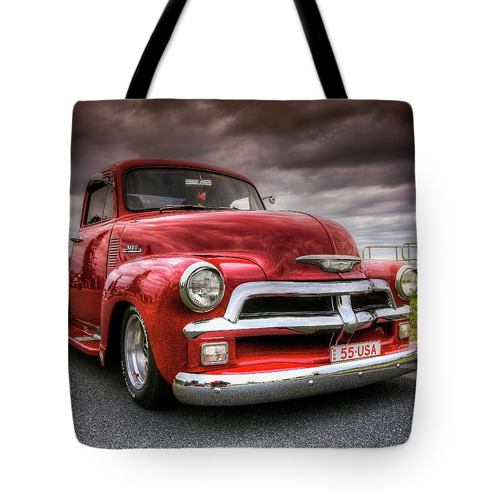 Chevrolet Pickup Tote Bag featuring the digital art Big red 55 by Kevin Chippindall