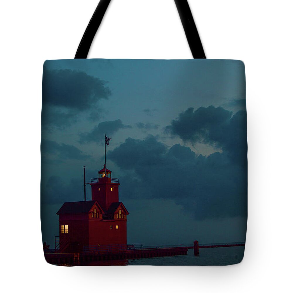 Michigan Tote Bag featuring the photograph Big Red Lighthouse Holland Michigan With Crescent Moon by Ken Figurski