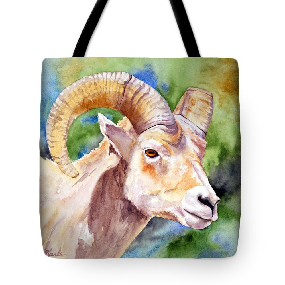 Sheep Tote Bag featuring the painting Bighorn Sheep Portrait by Marsha Karle