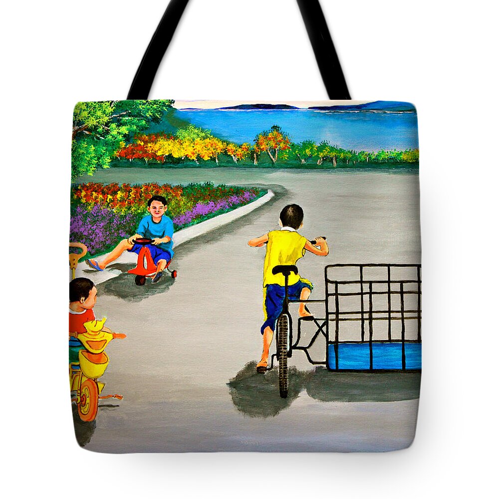 Children Tote Bag featuring the painting Bikes by Cyril Maza