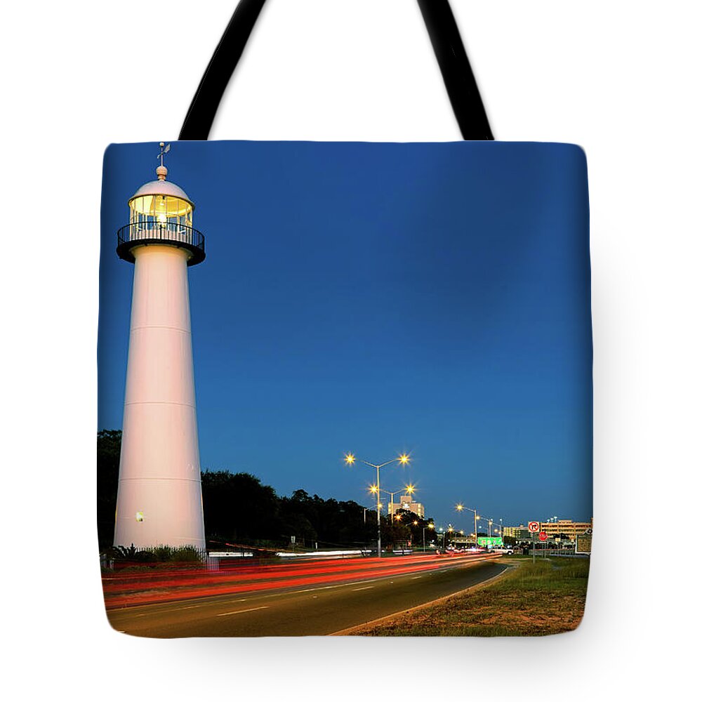 Biloxi Lighthouse Tote Bag featuring the photograph Biloxi Lighthouse at Dusk - Mississippi - Gulf Coast by Jason Politte