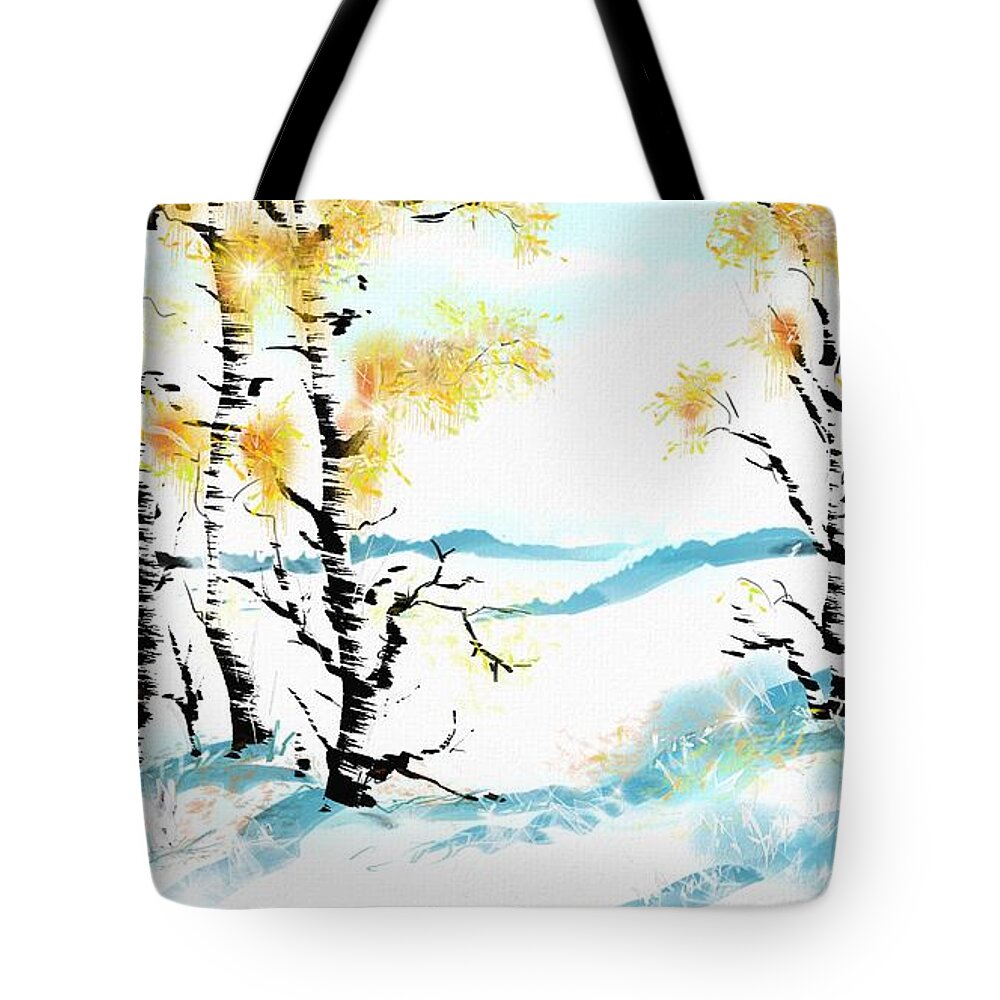 Trees Tote Bag featuring the digital art Birch and Bunny by Debra Baldwin