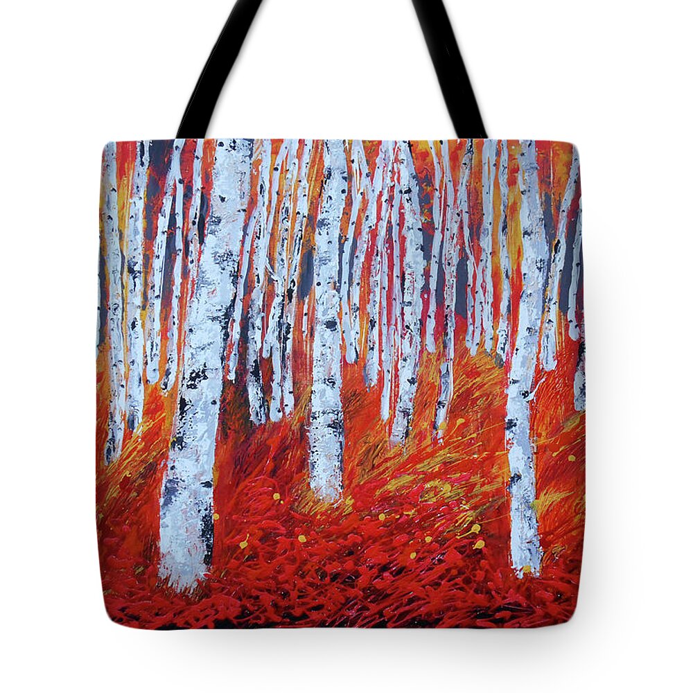 Birch Tree Landscape Forest Woods Fall Autumn Bright Colours Tote Bag featuring the painting Birch in Gold by Leon Zernitsky