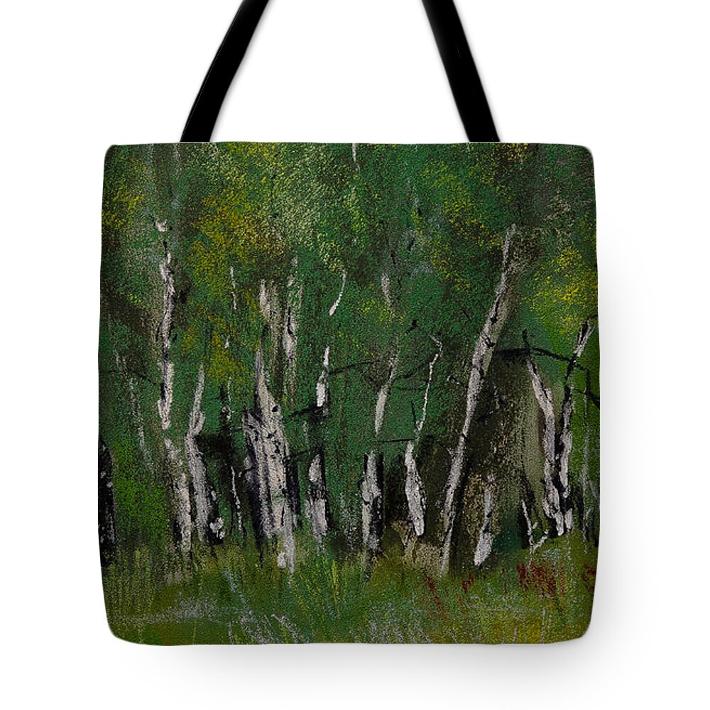Birch Tree Panorama Tote Bag featuring the pastel Birch Tree Panorama by David Patterson