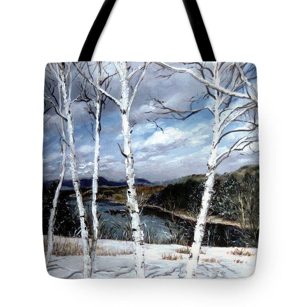 Winter Landscape Tote Bag featuring the painting Birches in Winter White by Marie Witte
