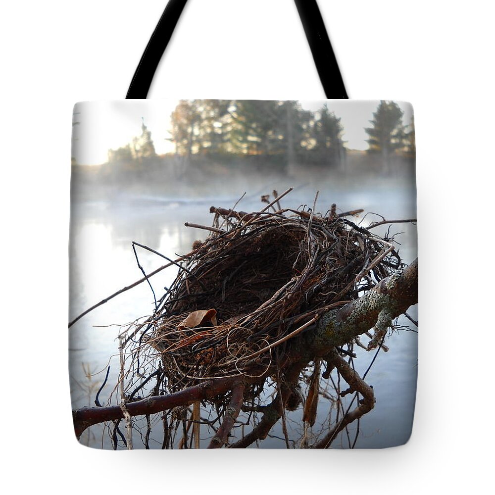 Bird Nest Tote Bag featuring the photograph Bird Nest and Mississippi River Fog by Kent Lorentzen