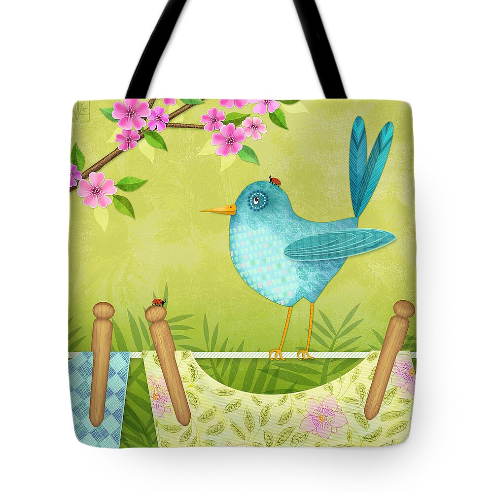 Bird Tote Bag featuring the digital art Bird on Clothesline by Valerie Drake Lesiak