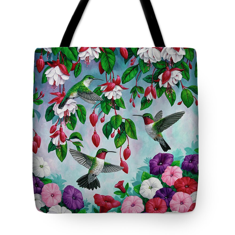 Bird Tote Bag featuring the painting Bird Painting Hummingbird and Spring Flowers by Crista Forest