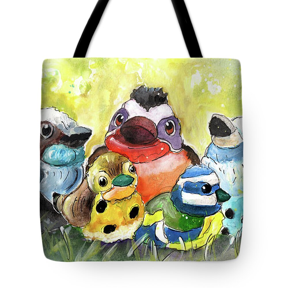 Toys Tote Bag featuring the painting Birdies Family In Alicante Airport by Miki De Goodaboom