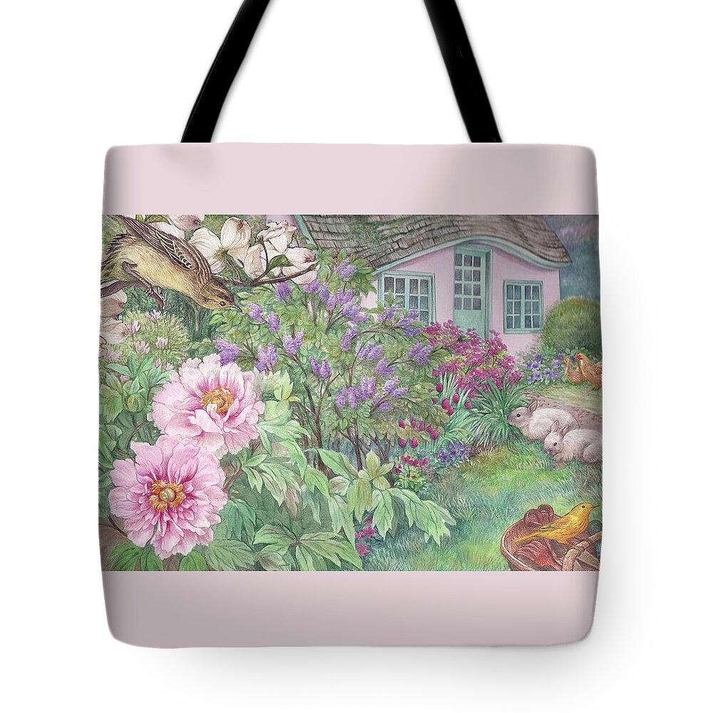 Pink Cottage Tote Bag featuring the painting Birds and bunnies in cottage garden by Judith Cheng