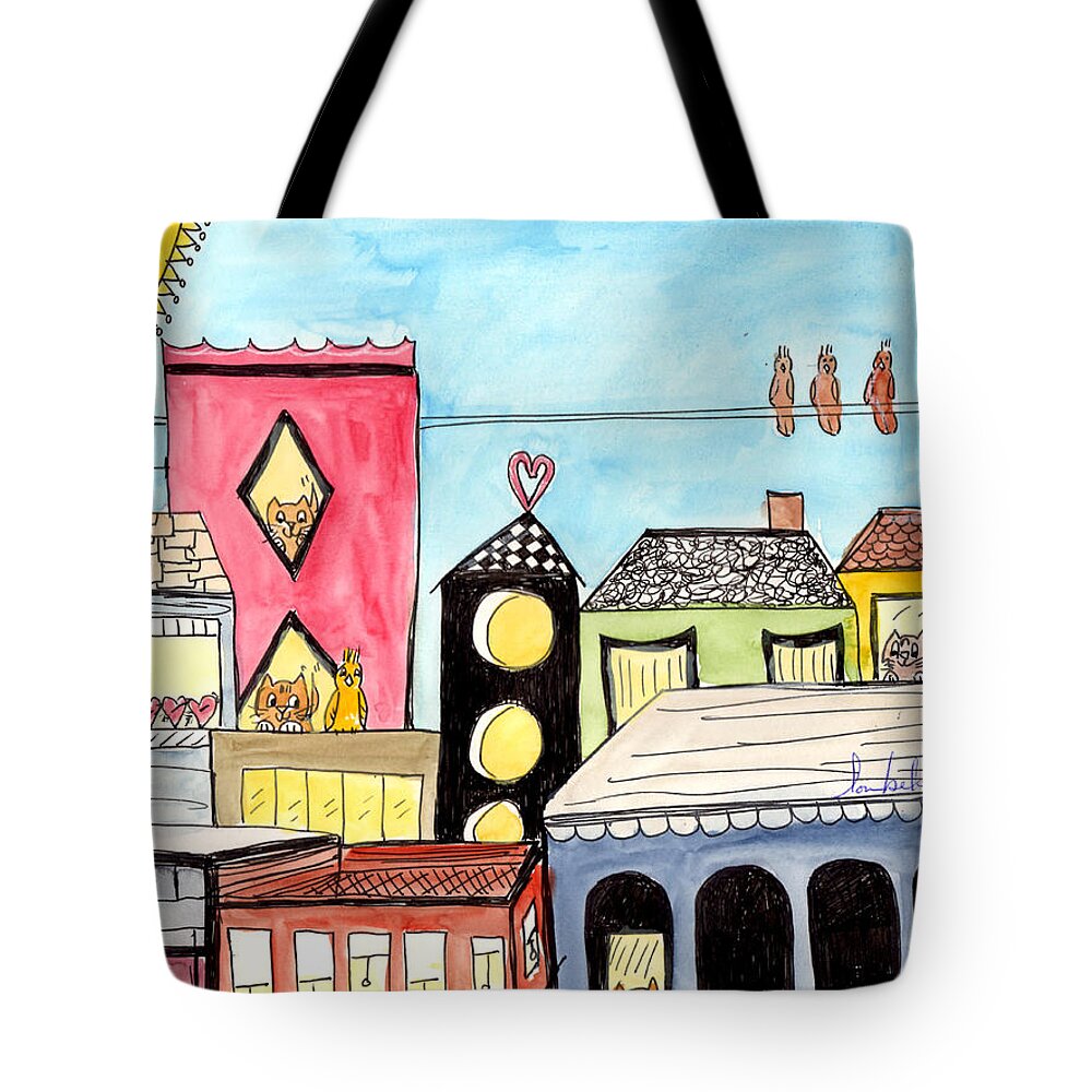 Cat Tote Bag featuring the painting Birds and Mouse on a Wire by Lou Belcher