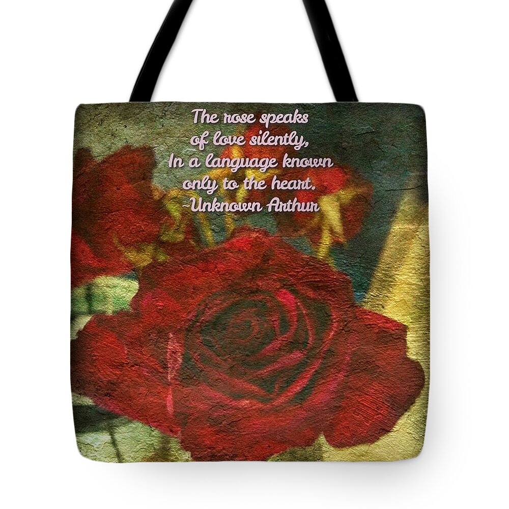 Poem Tote Bag featuring the photograph Birthday Roses with poem by MaryLee Parker
