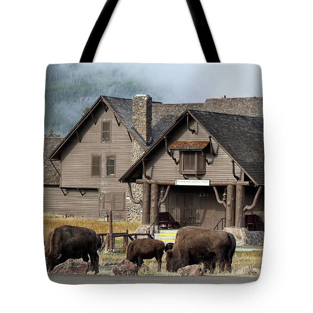 Wyoming Tote Bag featuring the photograph Bison at Old Faithful by Shirley Mitchell