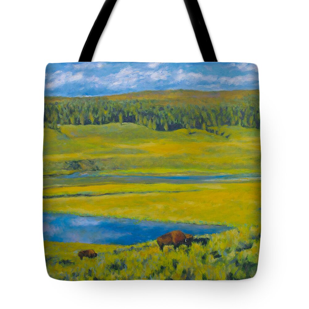 Yellowstone Tote Bag featuring the painting Bison Grazing in Yellowstone by Kerima Swain