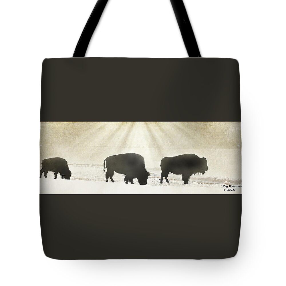 Bison Tote Bag featuring the photograph Bison in the Mist by Peg Runyan