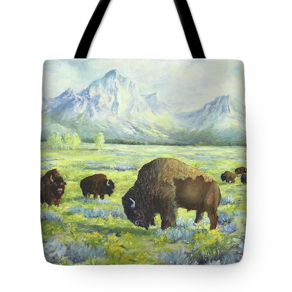 Tetons Tote Bag featuring the painting Bison of Yellowstone by ML McCormick