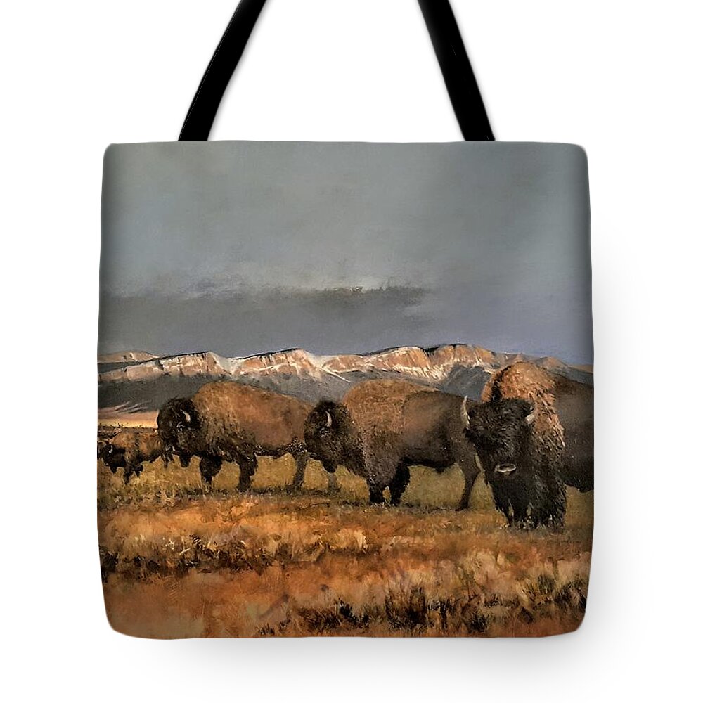 Bison Tote Bag featuring the painting Bisons of the Front Range by Jessica Anne Thomas