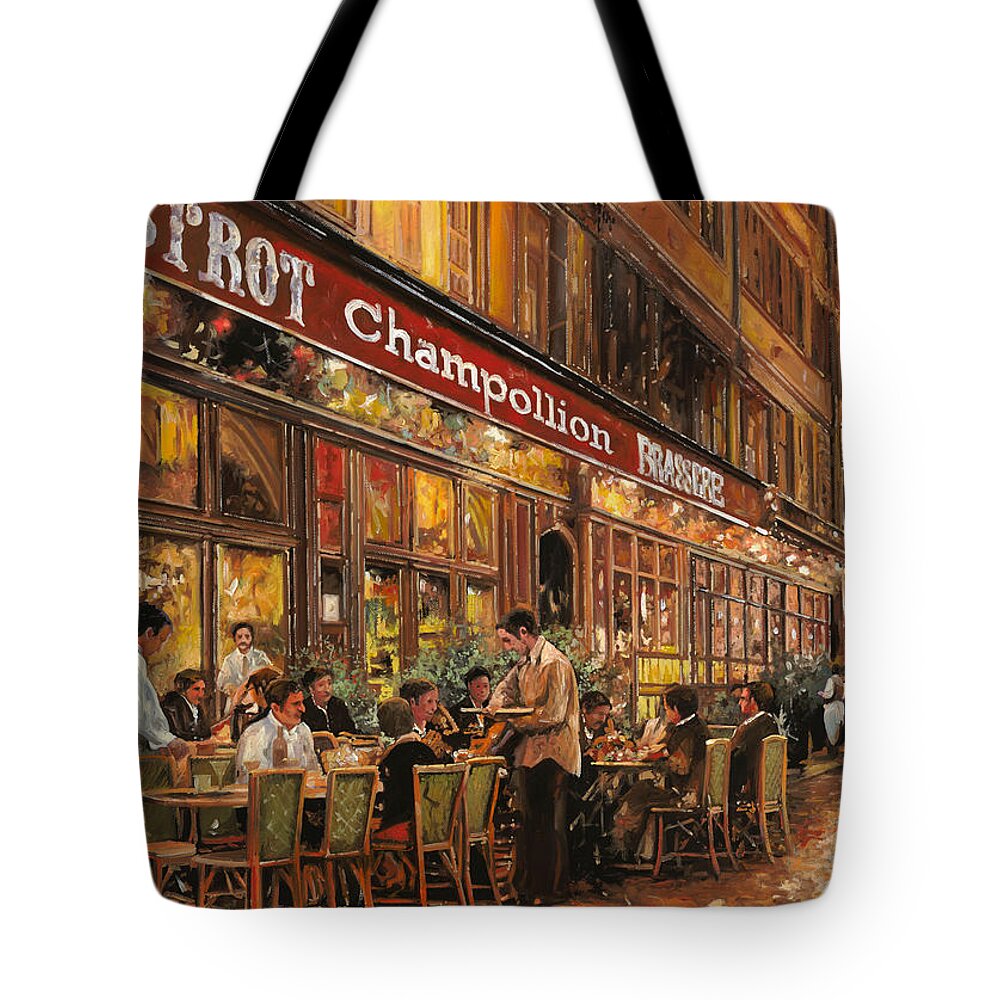 Street Scene Tote Bag featuring the painting Bistrot Champollion di notte by Guido Borelli