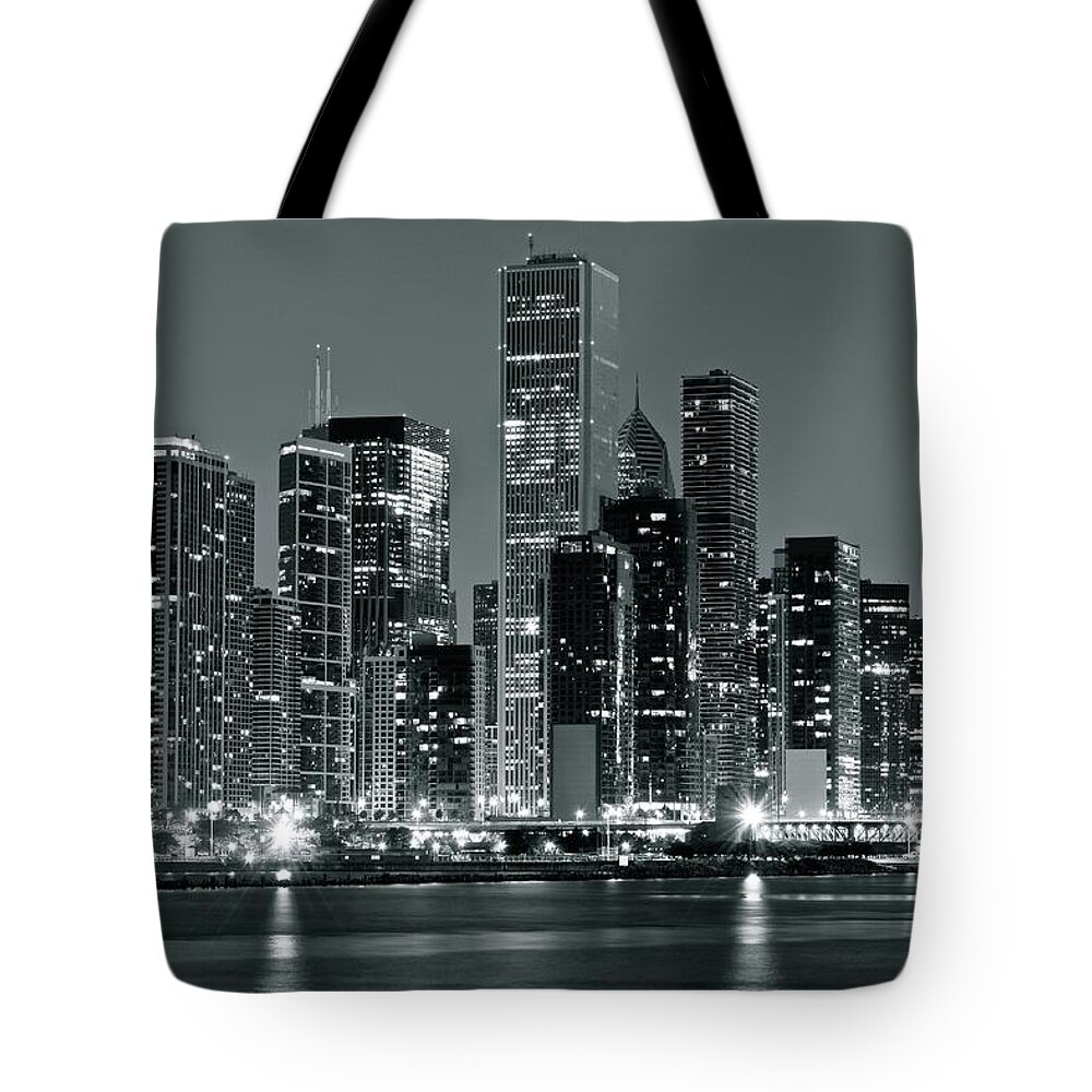 Chicago Tote Bag featuring the photograph Black and White and Grey Chicago Night by Frozen in Time Fine Art Photography